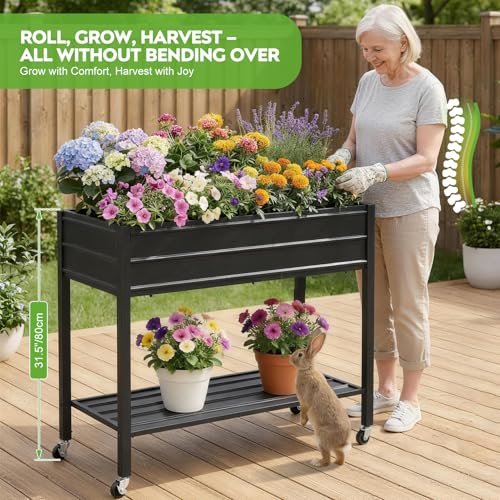32" Tall Galvanized Raised Garden Bed with Legs Wheels & Shelf, Black - color: Black