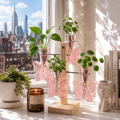 Nacome Plant Terrarium Propagation Stations: Pink Vase with Wooden Stand - color: Pink