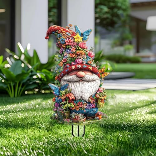 Gnome Garden Stakes Decor Yard Acrylic - 2D Garden Acrylic Sign Decoration, Fantasy Yard Art, Gifts for Nature Lovers, for Indoor & Outdoor Flower Pots, Yard, Mini Gardens & Lawn (5.9”x5.9”) - color: D