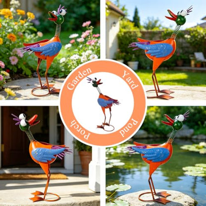 Metal Wacky Rooster Garden Statue for Patio, Backyard, Lawn - color: Yellow & Blue
