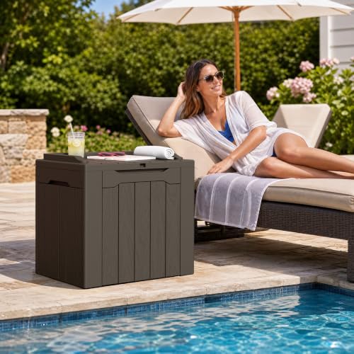 Flamaker Deck Box 31 Gallon Waterproof Resin Small Storage Box with Lid - color: Deep Brown, size: 31 Gallon