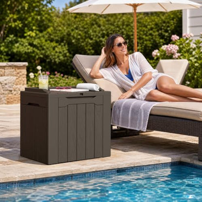 Flamaker Deck Box 31 Gallon Waterproof Resin Small Storage Box with Lid - color: Deep Brown, size: 31 Gallon