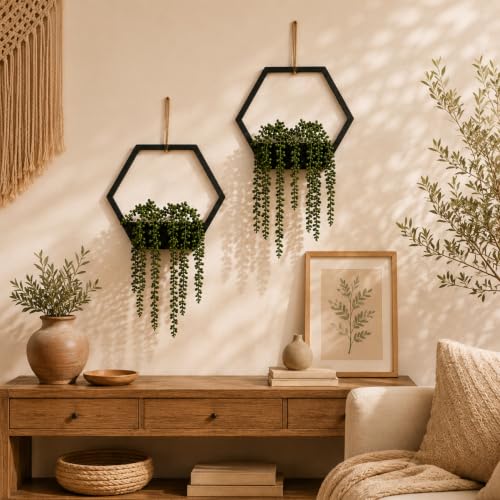2 Pack Fake Hanging Plants for Room Decor Black Hexagon