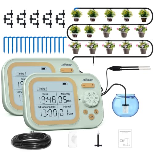 Automatic Plant Waterer Self Watering System Indoor for 15 Potted Plants Pack of 2, Auto Drip Irrigation Kit Programmable Water Timer w Smart Humidity Detection, Green