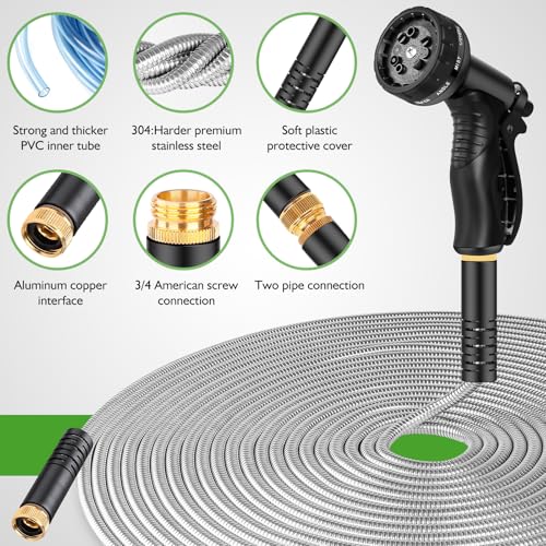 Rcfunkid Garden Hose 125FT No-Kink Metal Hose With 10 Function Nozzle Tough - size: 125FT