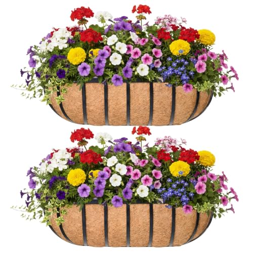 16“ Window Box Railing Planter with Coco Liner Metal Wall-Mounted Coconut Liner Planter Basket English Horse Trough Planters for Outdoor Deck Balcony Porch Fence Patio Black (2 Pack) - size: 16in