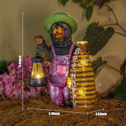 Joint Honglin Honey Bear Garden Statue with Lighted Beehive & Lantern - color: Honey Bear
