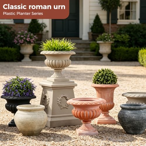 Roman Urn Planter - 24.4"H, Weathered Terracotta Finish (Plastic) - color: Terracotta