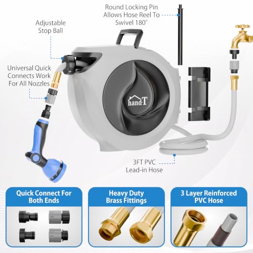 USA Based Retractable Garden Hose Reel, 1/2 in x 33 ft Quick Connect 10-Pattern Sprayer, Wall Mounted Auto Self Retracting Water Hose Reels, UV Resistant Automatic Rewind 180° Mount | Gray - size: 1/2" 33FT