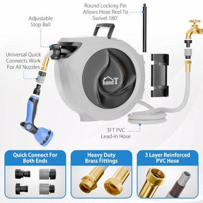 USA Based Retractable Garden Hose Reel, 1/2 in x 33 ft Quick Connect 10-Pattern Sprayer, Wall Mounted Auto Self Retracting Water Hose Reels, UV Resistant Automatic Rewind 180° Mount | Gray - size: 1/2" 33FT
