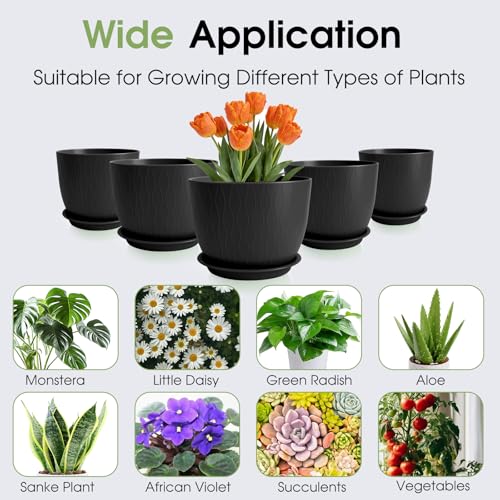 GARDIFE 5-Pack Plastic Plant Pots 7-10in with Drainage & Saucers, Black - color: Black
