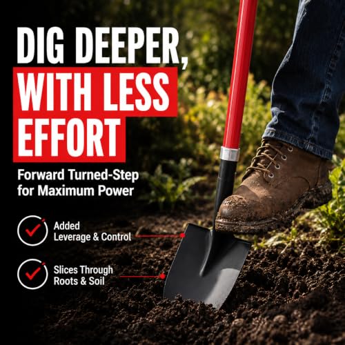 TABOR TOOLS J202A Round Point Digging Shovel with Long 56 Inch Fiberglass Handle, Garden Spade for Digging Soil, Roots & Planting, Less Back Strain - size: Straight Handled, Round Blade