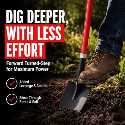 TABOR TOOLS J202A Round Point Digging Shovel with Long 56 Inch Fiberglass Handle, Garden Spade for Digging Soil, Roots & Planting, Less Back Strain - size: Straight Handled, Round Blade