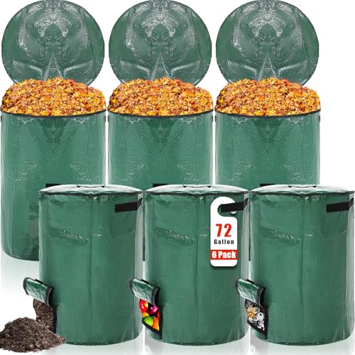 Berlune 6 Pcs Reusable Yard Waste Bags with Lid and Handles Extra Large Lawn Bags for Collecting Fall Leaves Heavy Duty Garden Trash Container for Camping Outdoor Debris Branches Grass(72 Gallon)