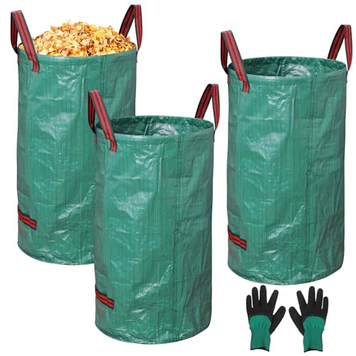 3-Pack 72 Gallon Yard Waste Bags, Reusable Heavy Duty Collapsible Garden Leaf Bags with Plastic Ring,with Gardening Gloves,Stand-Up Yard Waste Bin for Leaves, Lawn Debris & Grass Clippings