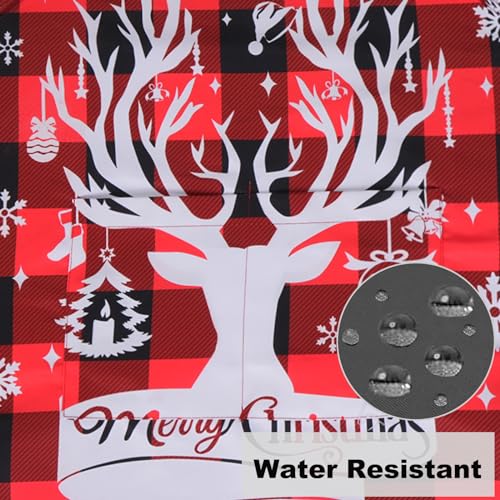 Plus Size Adjustable Bib Apron Water Resistant Canvas Extra Wide Long Ties Aprons with 2 Pockets Kitchen Cooking Gardening - color: Christmas Reindeer on Red-black Plaid