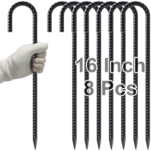 VVOKGO Rebar Stakes 16 Inch J Hook Heavy Duty Steel Chain Link Fence Stakes - color: J-16 Inch-Φ5/16"-Black, size: J-16 Inch-8 Pcs