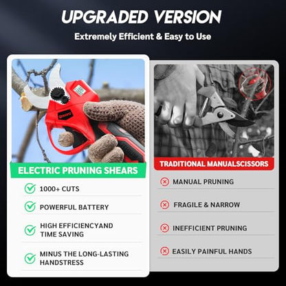 Upgraded Electric Pruning Shears,1.4" Cutting Diameter Cordless Power Pruner with LCD Display, Brushless Motor Pruning Shears with 2000mAh*2 Rechargeable Batteries for Garden Tree Pruner Branch - style: LCD-1.4" red