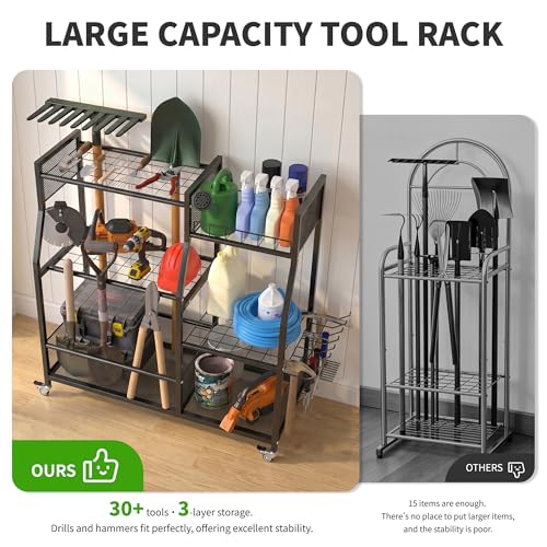 HOTEAGLE Garden Tool Organizer for Garage with 35.4” Width(High Stability), Outdoor Metal Utility Rolling Carts with Mute Wheels & 18.5mm Thick Rods, Easy to Clean, Black