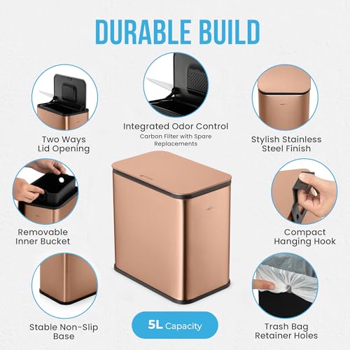 RedFactor Stainless Steel Hanging Trash Can with Lid and Inner Bucket – Slim 1.3 Gallon Odor-Free Compost Bin for Kitchen Cabinet, Countertop, Under Sink, or Bathroom (Copper)