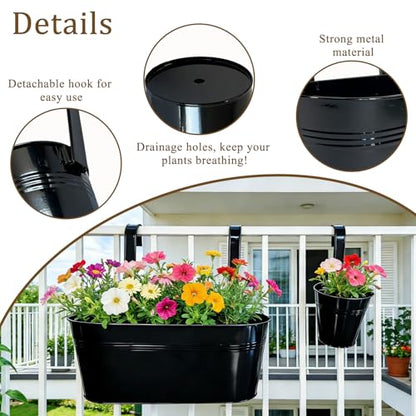 4 Pack Mixed Size Metal Fence Planters Set with Detachable Hooks, Black - color: Black, size: Oval*2 + Round*2