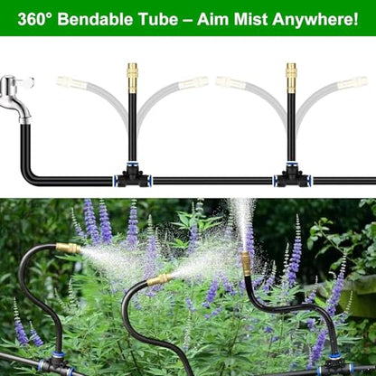 100FT Drip Irrigation System for Garden – Automatic Watering Kit with Solid Brass Metal Connectors, 360° Bendable Tubing &40 Adjustable Nozzles for Greenhouse, Lawn, Yard & Plants - size: 100 FT