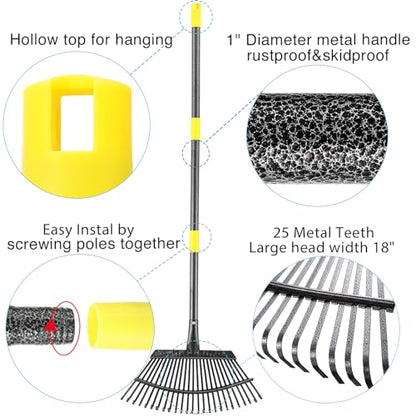 Leaf Rake, 30-76 inch Garden Rakes for Leaves Heavy Duty Long Handle, 25 Tines 18" Wide Metal Thatch Lawn Gravel Shrub Yard Landscape Rake for Leaves and Grass - style: 30-76"