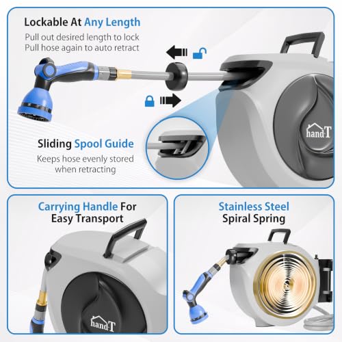 USA Based Retractable Garden Hose Reel, 1/2 in x 100 ft Quick Connect 10-Pattern Sprayer, Wall Mounted Auto Self Retracting Water Hose Reels, UV Resistant Automatic Rewind 180° Mount | Gray - size: 1/2" 100FT