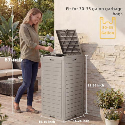 EFU 45 Gallon Outdoor Trash Can with Lid &Drip Tray, Waterproof Garbage Can - color: Grey, size: 45 Gallon