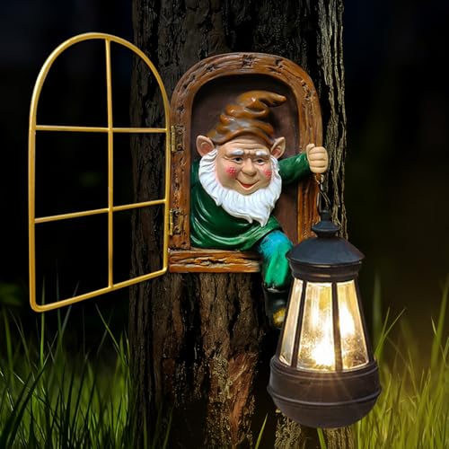 Garden Gnomes Statues with Solar Lantern Christmas Decorations, Outdoor Tree Hugger Gnome Decor Statue, Tree Face Figurines for Fence Wall Yard Home Birthday Gifts for Mum, Women - color: Brown