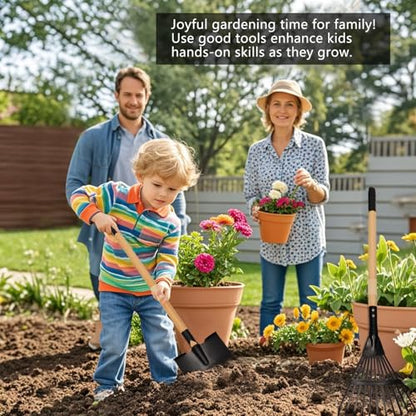Kids Rake and Shovel Set, 4Pcs Garden Tools Metal Head with Wooden Handle, Great Gardening Gifts for Boys Girls Age 3 and Up - color: 2pcs black rakes& 2pcs shovels
