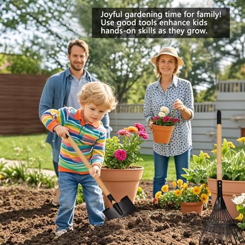 Kids Rake and Shovel Set, 4Pcs Garden Tools Metal Head with Wooden Handle, Great Gardening Gifts for Boys Girls Age 3 and Up - color: 2pcs black rakes& 2pcs shovels
