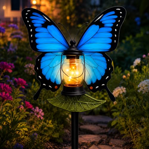 Blue Morpho Butterfly Warm Lantern 2D Flat Acrylic Garden Stake, UV Weather Resistant Lawn Flower Pot Planter Balcony Patio Yard Outdoor Decor Ornament - color: Blue Butterfly Warm Lantern