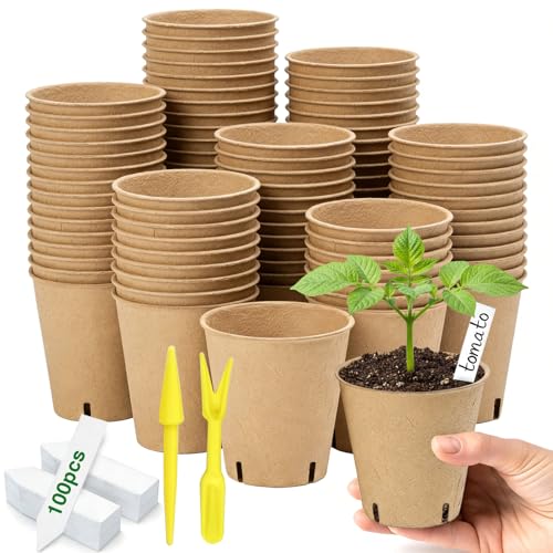 Peat Pots 70 Pack with 100 Plant Labels, 3.15 Inch Biodegradable Seedling Nursery Pots with Drainage Holes - size: 70 Pack