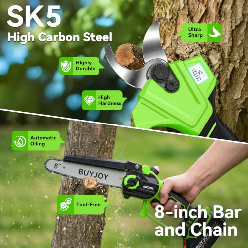 BUYJOY 4-in-1 Electric Pruning Shears & 8 Inch Pole Saw Combo - color: Green-black