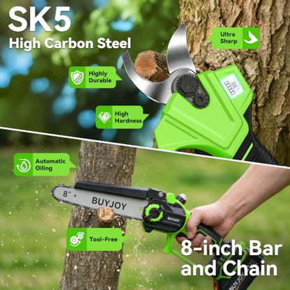 BUYJOY 4-in-1 Electric Pruning Shears & 8 Inch Pole Saw Combo - color: Green-black