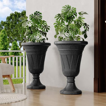 24" Tall Urn Planters Set of 2, Black Outdoor Planter for Porch - color: Black-trophy