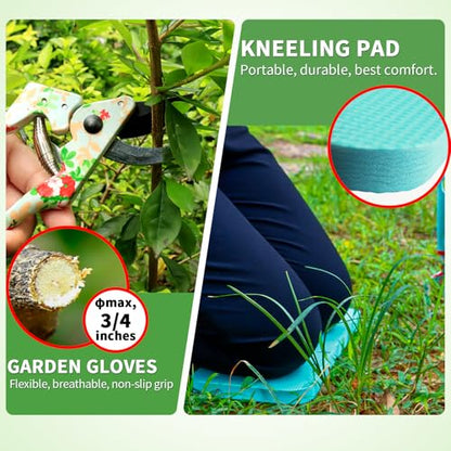 Garden Tools Set, JUMPHIGH 10 PCS Heavy Duty Gardening Tools Includes Hand Trowel Rake Weeder Pruner, Gardening Gifts for Women, Garden Kit with Tote Bag, Apron, Gloves, Kneeling Pad - color: Blue Green