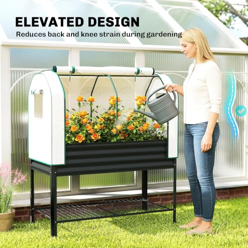 Outsunny Galvanised Raised Garden Bed with Greenhouse Cover, Black - color: Black