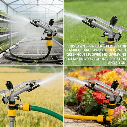 360° Rain Gun Sprinkler, 1-1/2" FNPT Full Circle Impact Sprinkler with 4 Interchangeable Nozzles, 17-29m Range for Farm Agricultural Irrigation, Lawns & Garden Watering