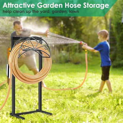 TomCare Garden Hose Holder, Heavy Duty Stand for 160FT Hose with 4 Spikes - color: Black, size: 15.2″ W