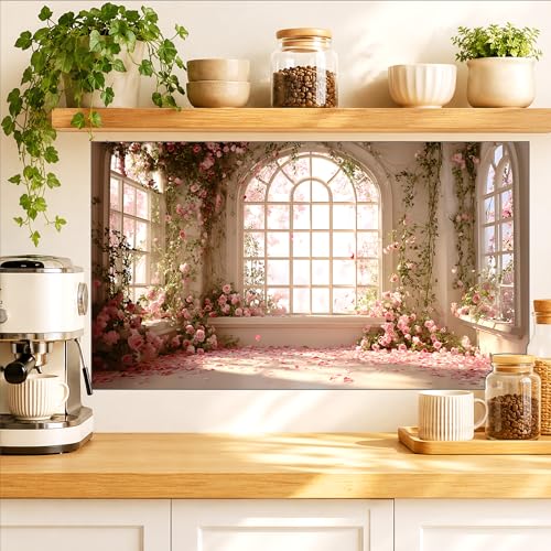 Kitchen Wallpaper 17.3x28 in Rose Garden Arched Window for Backsplash - color: Colorful1281