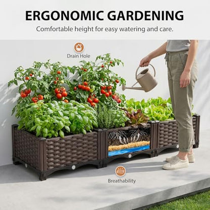 3 Planter Boxes Rectangular Raised Garden Bed Kit Indoor Outdoor Plastic Planter Grow Box for Fresh Vegetables, Herbs, Flowers & Succulents, Brown, 46.4'' X 15.7'' X 8.46''