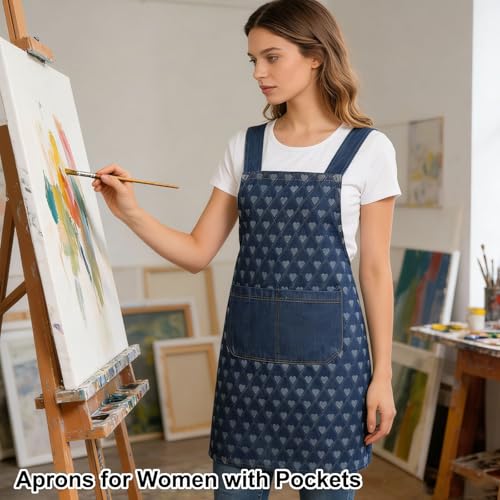 Denim Cross Back Aprons for Women with Front Pockets - color: Heart