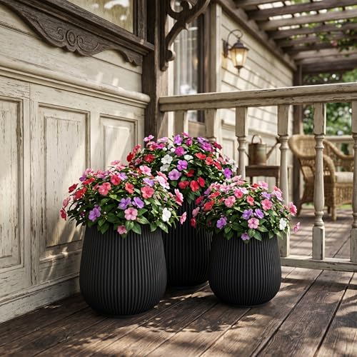 16" Pear-Shaped Fluted Planter - Handmade Fiberglass Composite - color: Black, size: Pear-shaped
