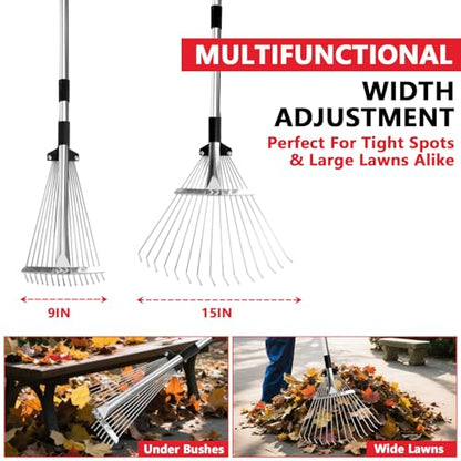 Leaf Rake Adjustable 23-75, Collapsible Metal Stainless Steel Garden Yard