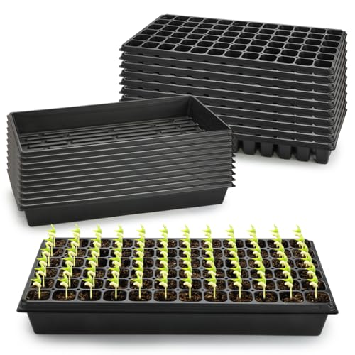 RooTrimmer 10 Pack 1020 Trays No Holes and 10 Pack 72 Cell Seed Starter Tray, 20" x 10" - Heavy Duty Reusable Plastic Seed Starter Kit for Microgreens, Seed Germination & Plant Propagation (10 Sets) - size: 72 Cells-Deep