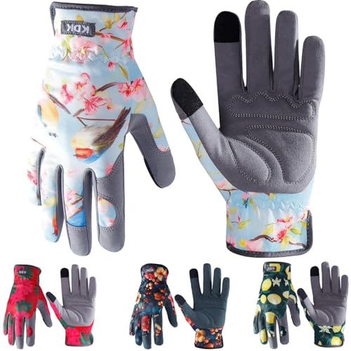 KDK Leather Gardening Gloves for Women Thorn Proof Yard Work Gloves (S) - color: Blue (Birds), size: Small