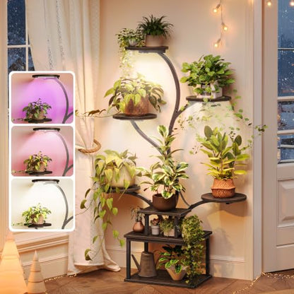 PRAISUN 51 Inch Plant Stand with Grow Lights, 8 Tiered Indoor Plant Shelf - color: Walnut