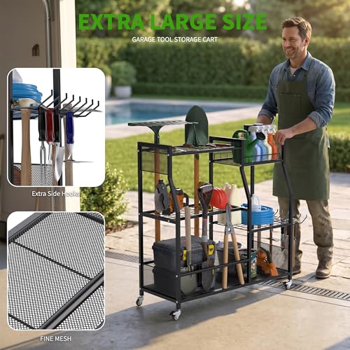 HOTEAGLE Garden Tool Organizer for Garage with 35.4” Width(High Stability), Outdoor Metal Utility Rolling Carts with Mute Wheels & 18.5mm Thick Rods, Easy to Clean, Black